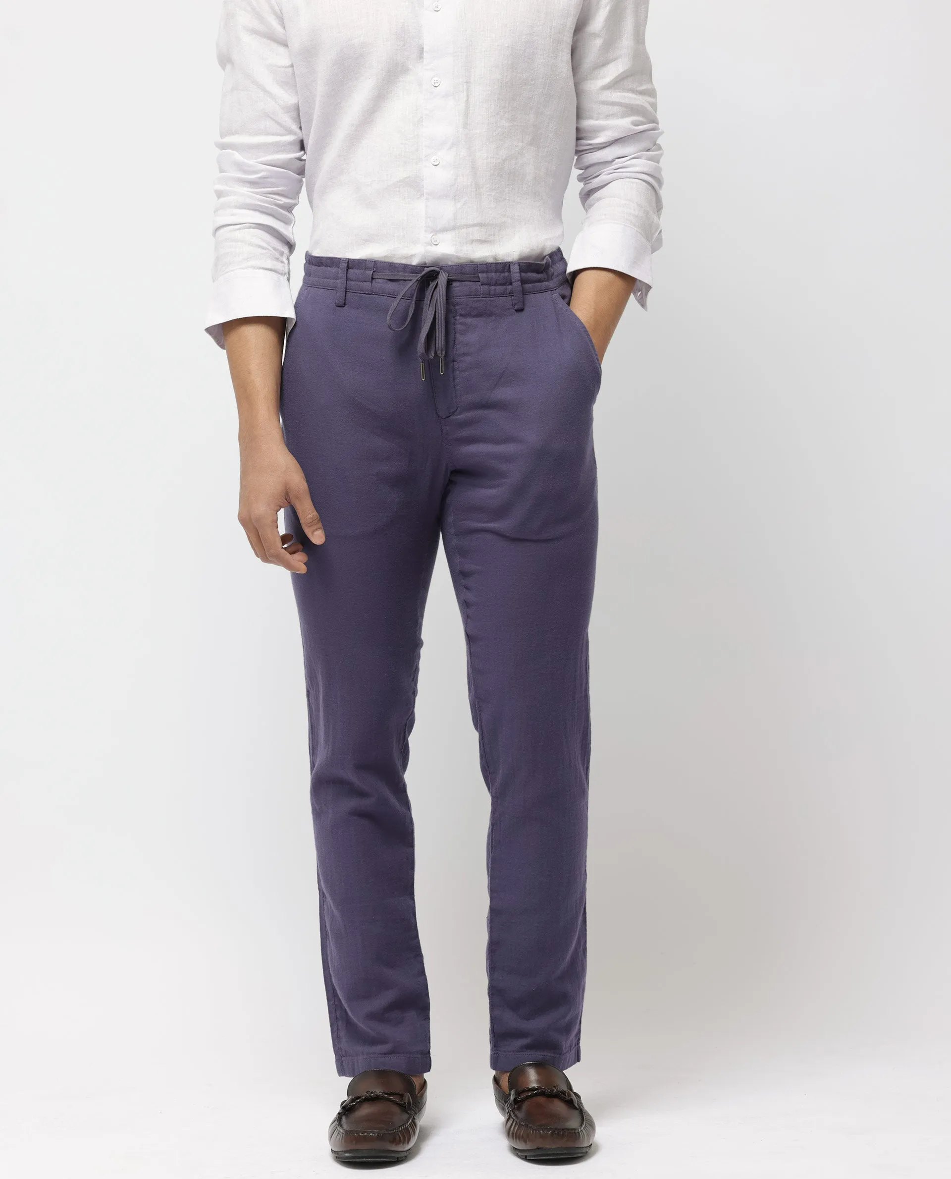 Rare Rabbit Men's Pastor-2 Dusky Purple Solid Mid-Rise With Drawstring And Elastic Waistband Regular Fit Trousers
