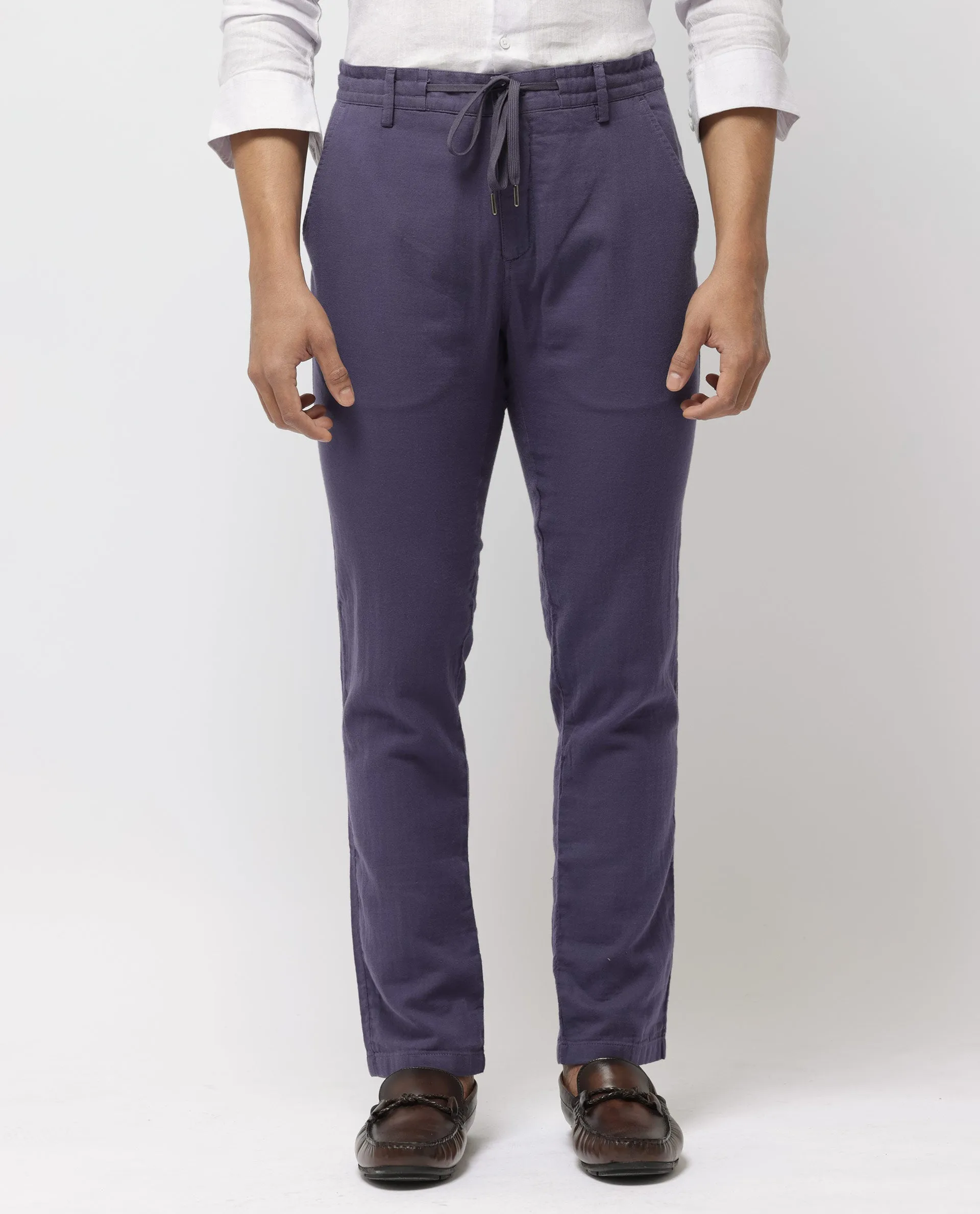 Rare Rabbit Men's Pastor-2 Dusky Purple Solid Mid-Rise With Drawstring And Elastic Waistband Regular Fit Trousers