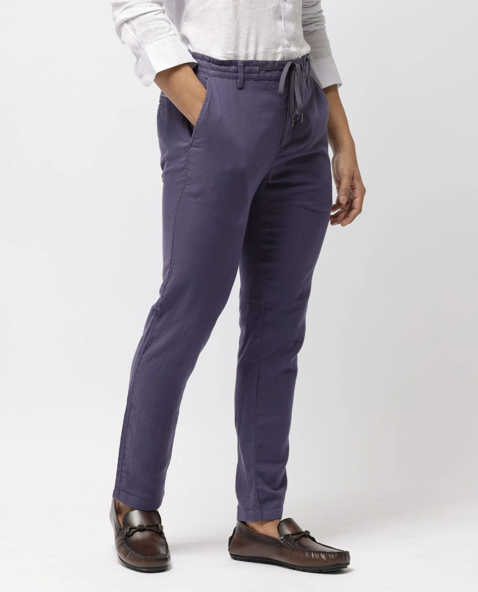 Rare Rabbit Men's Pastor-2 Dusky Purple Solid Mid-Rise With Drawstring And Elastic Waistband Regular Fit Trousers