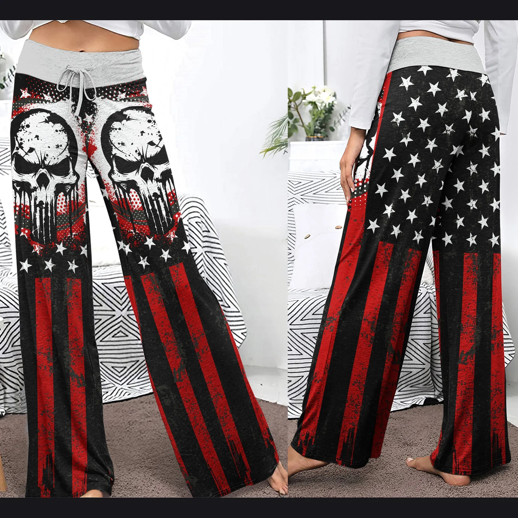 Red Flag Skull Art Women's High-waisted Wide Leg Pants