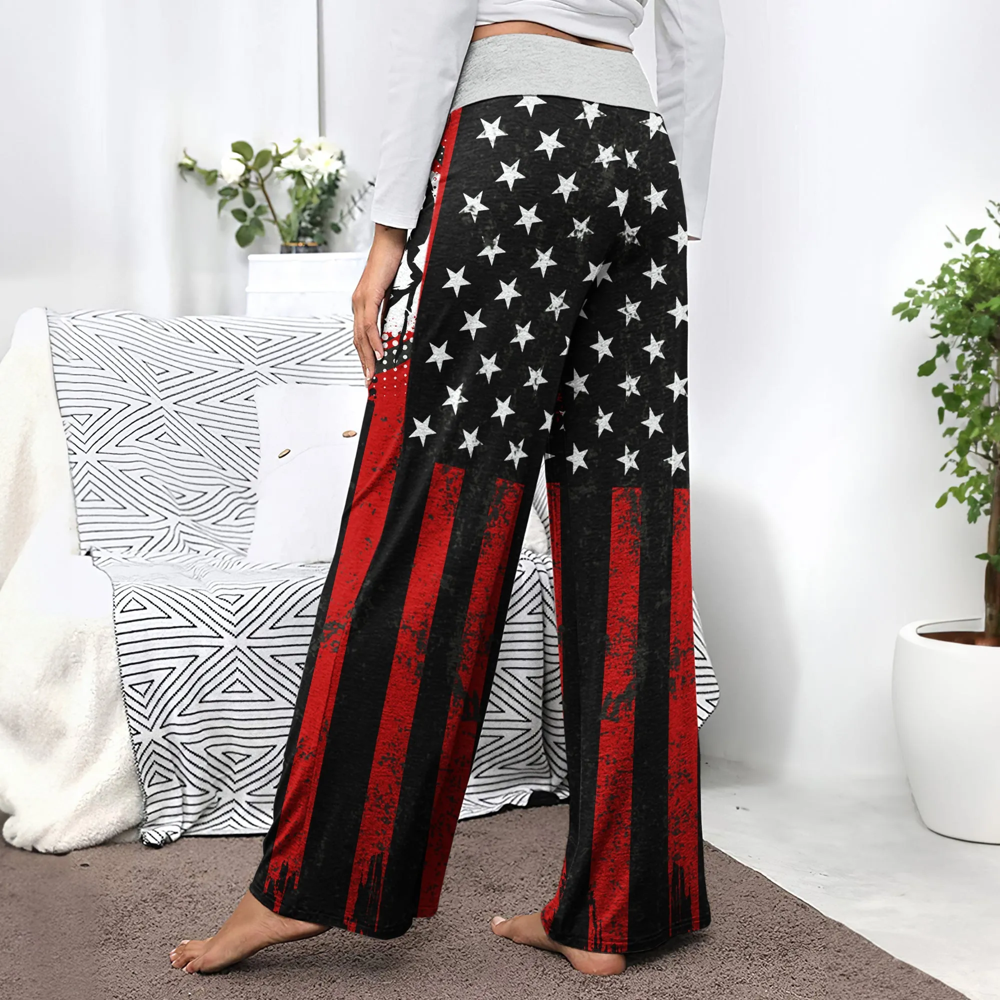 Red Flag Skull Art Women's High-waisted Wide Leg Pants