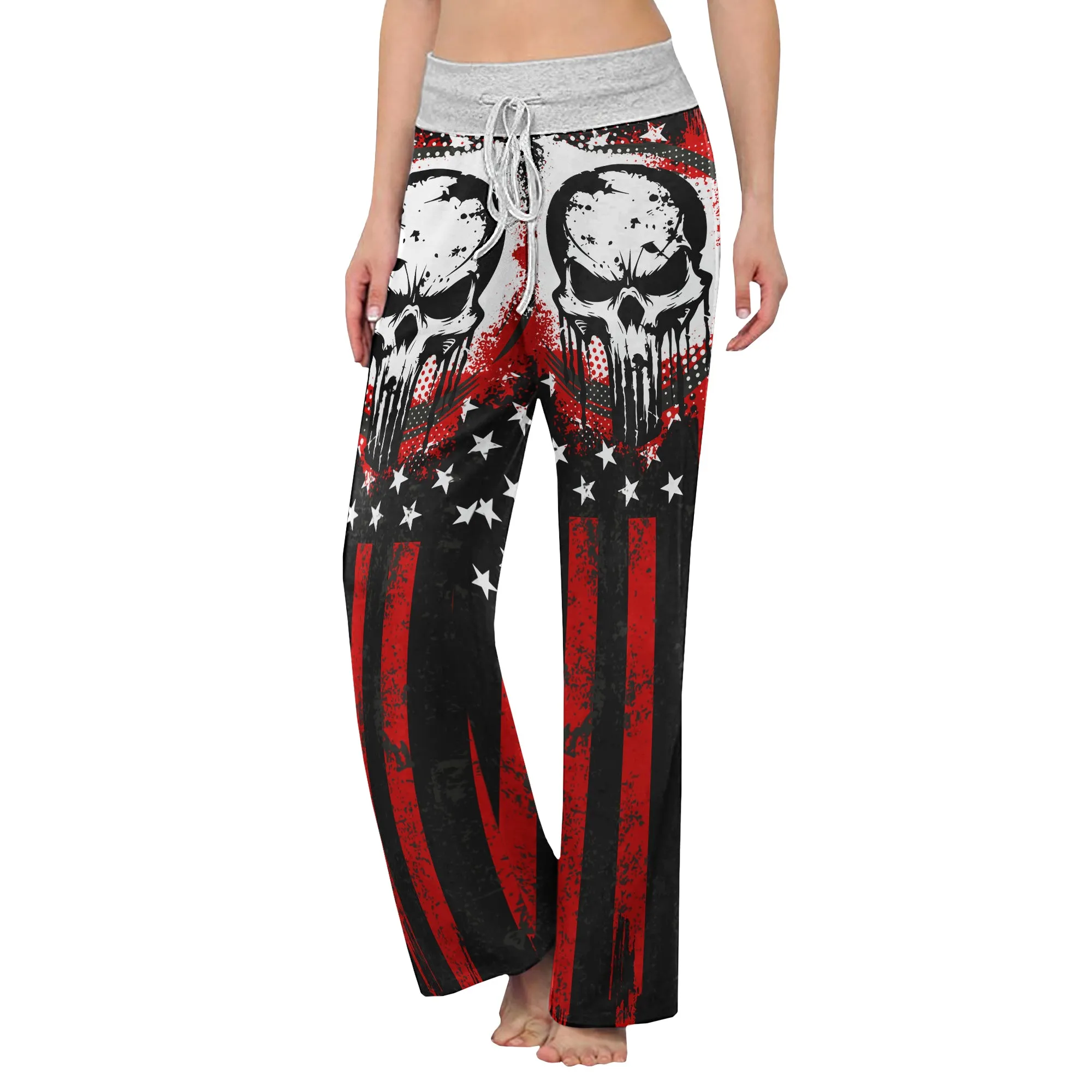 Red Flag Skull Art Women's High-waisted Wide Leg Pants