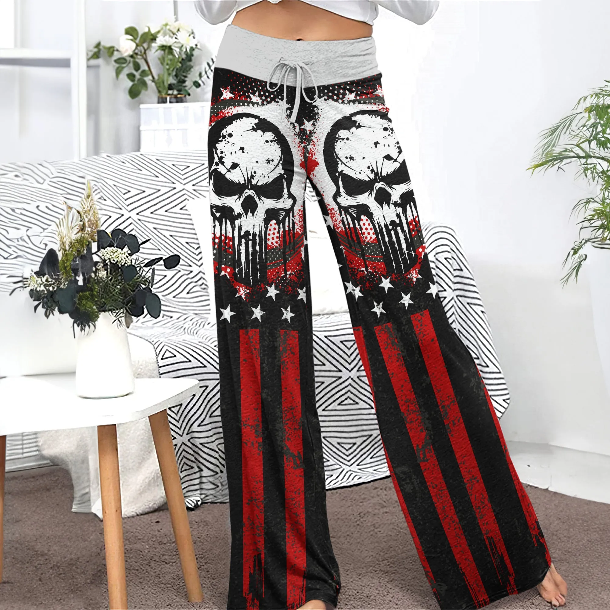 Red Flag Skull Art Women's High-waisted Wide Leg Pants