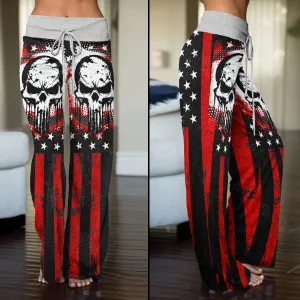 Red Flag Skull Art Women's High-waisted Wide Leg Pants