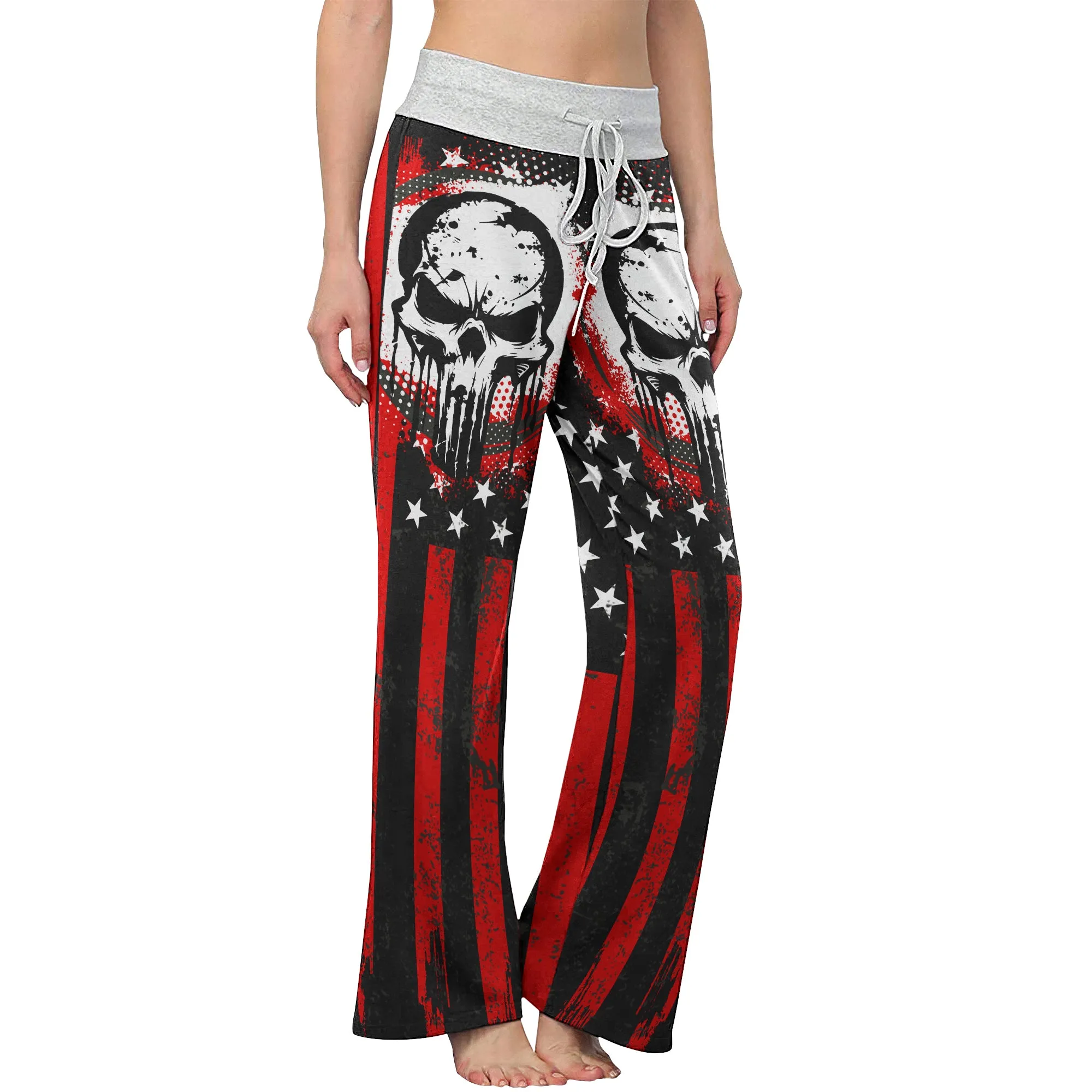 Red Flag Skull Art Women's High-waisted Wide Leg Pants