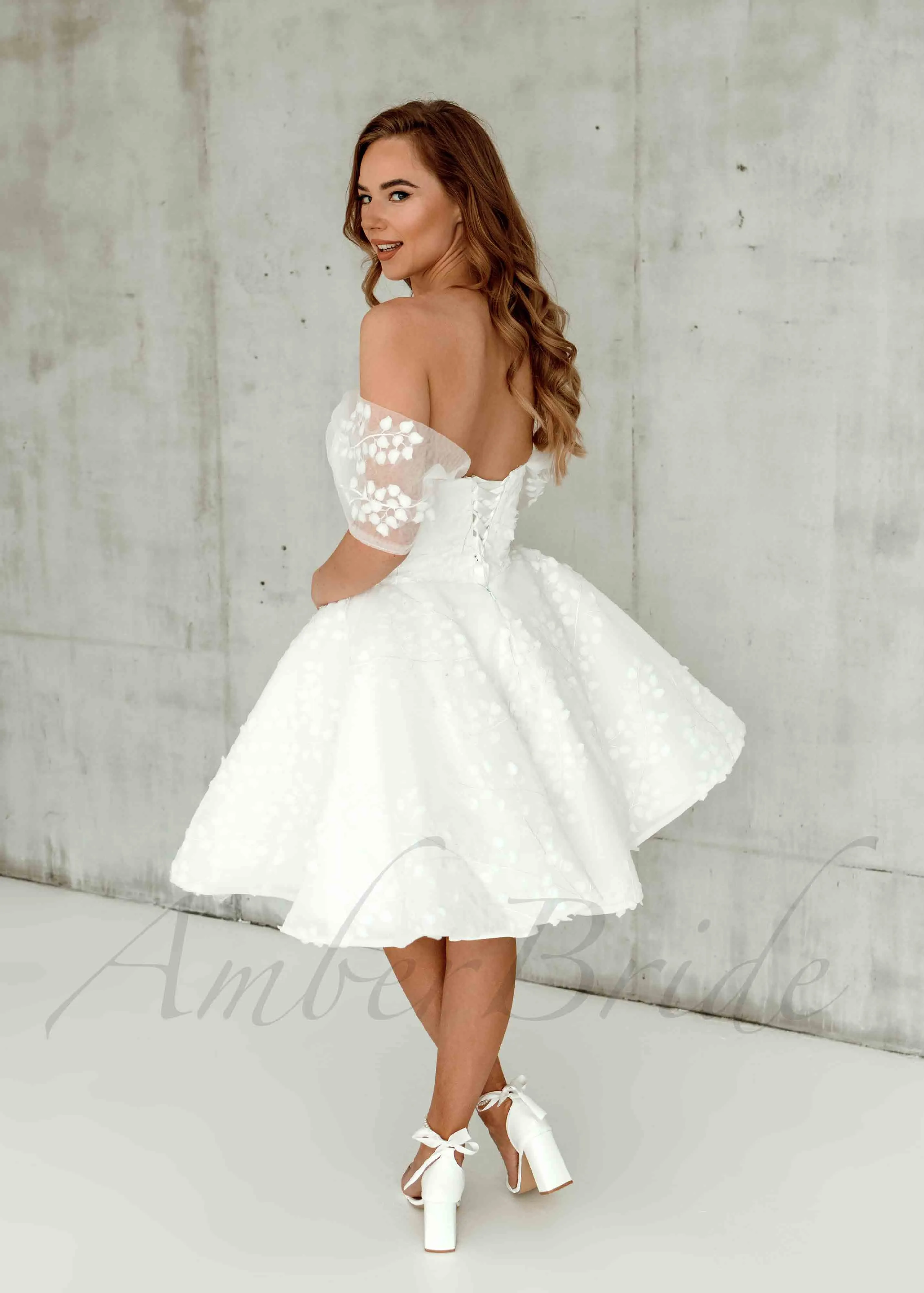 Rustic Knee Length Satin Dress with Off Shoulder Floral Design