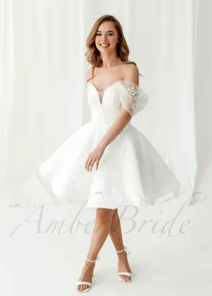 Rustic Knee Length Satin Dress with Off Shoulder Floral Design