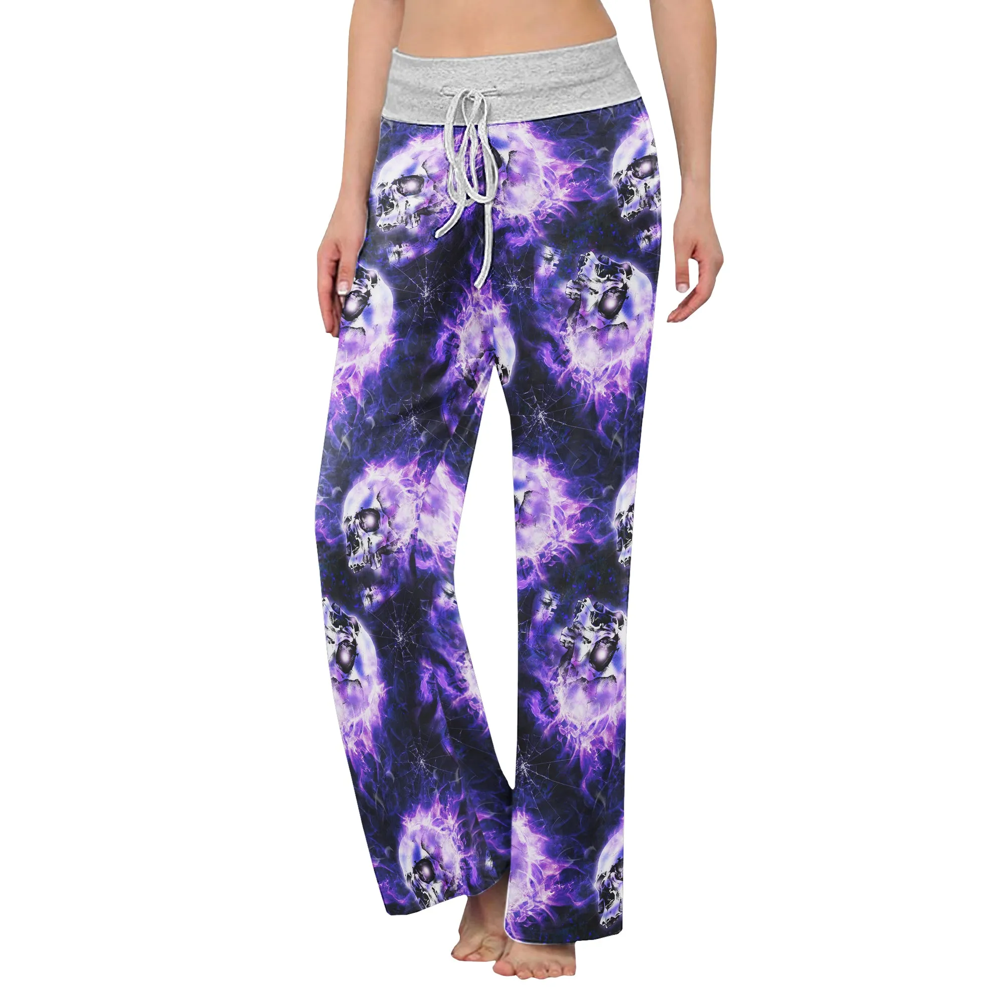 Skull Abstract Fire Purple Women's High-waisted Wide Leg Pants
