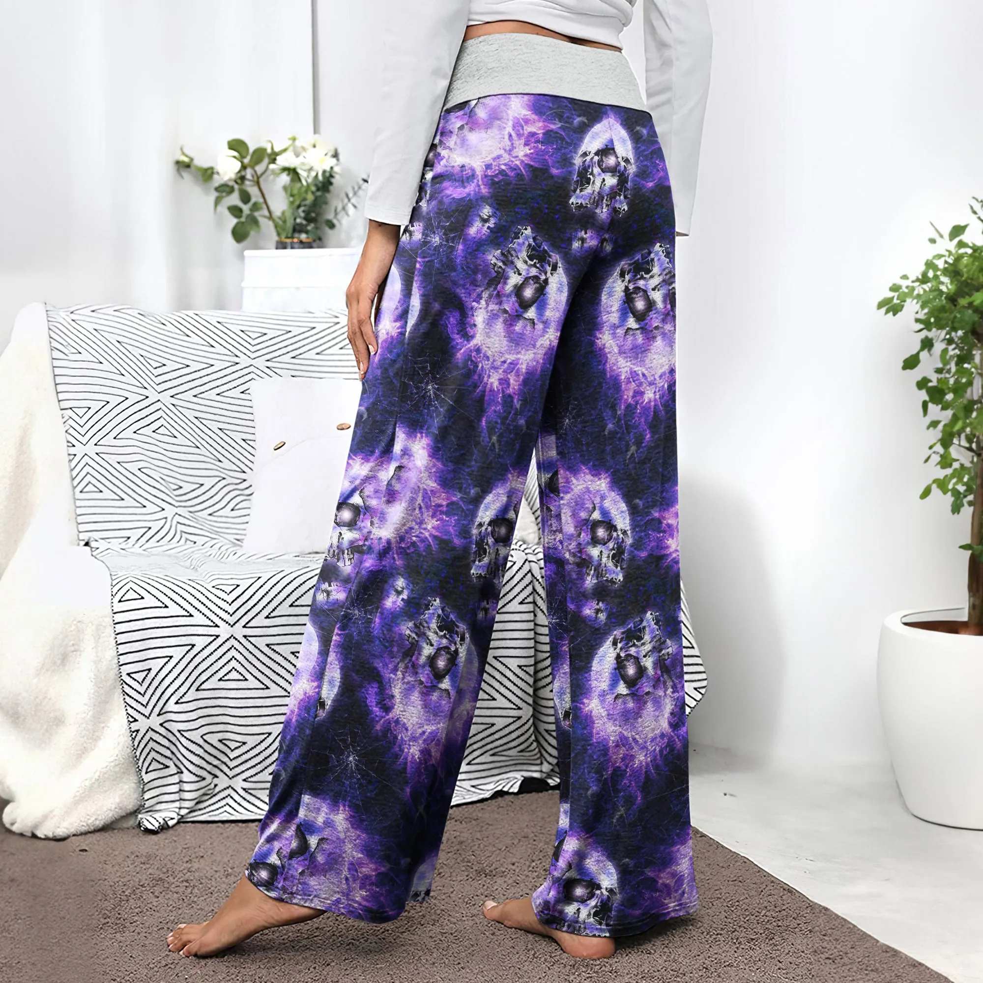 Skull Abstract Fire Purple Women's High-waisted Wide Leg Pants