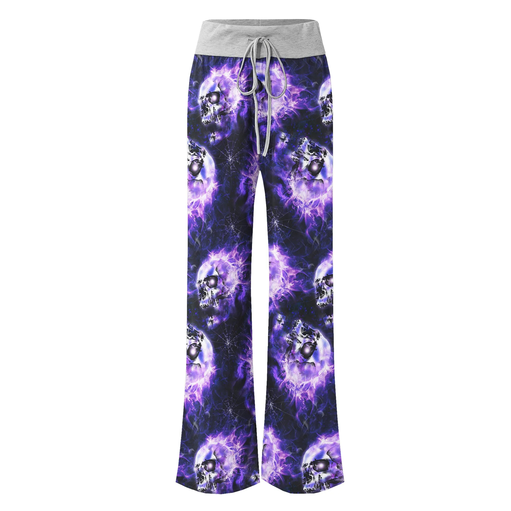Skull Abstract Fire Purple Women's High-waisted Wide Leg Pants