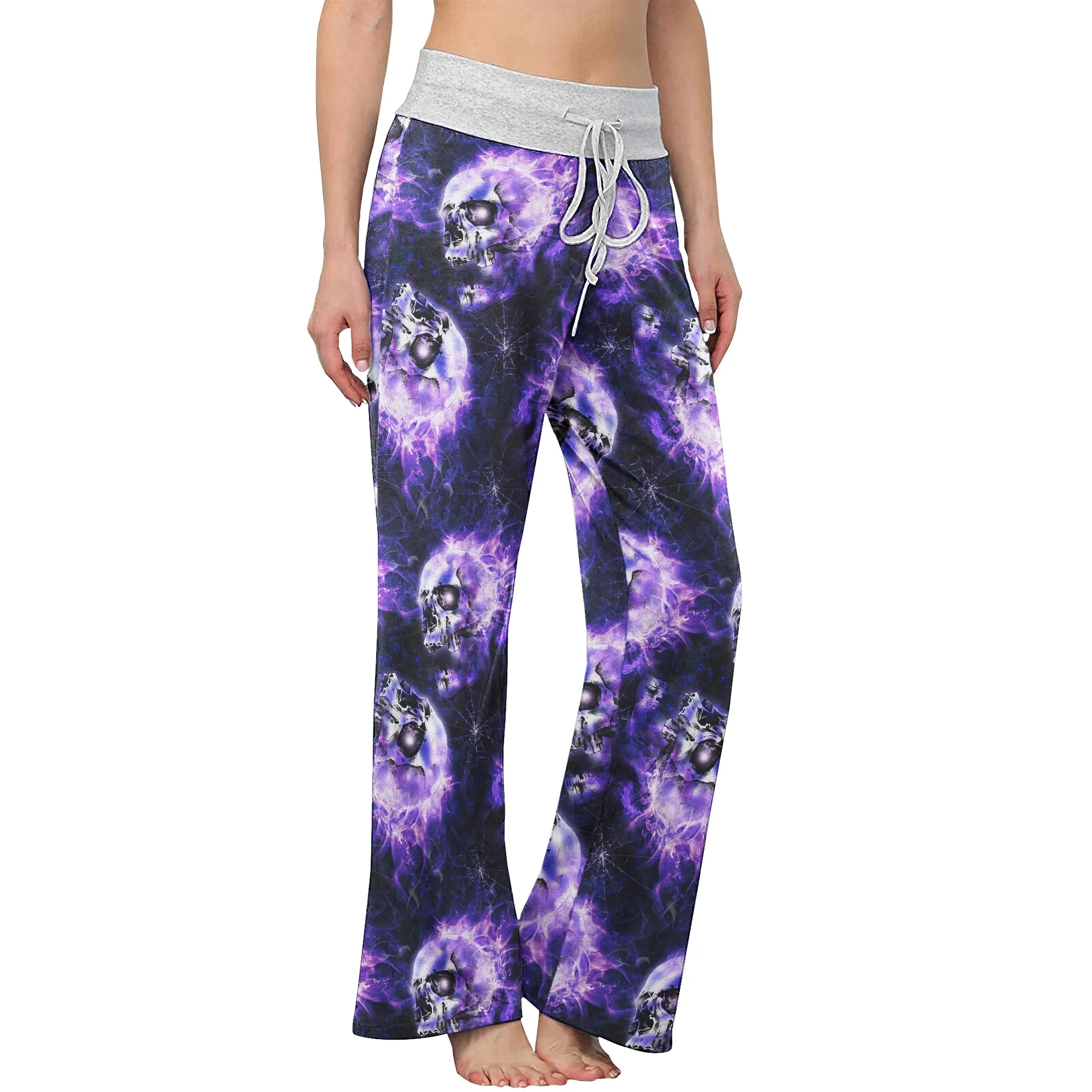 Skull Abstract Fire Purple Women's High-waisted Wide Leg Pants