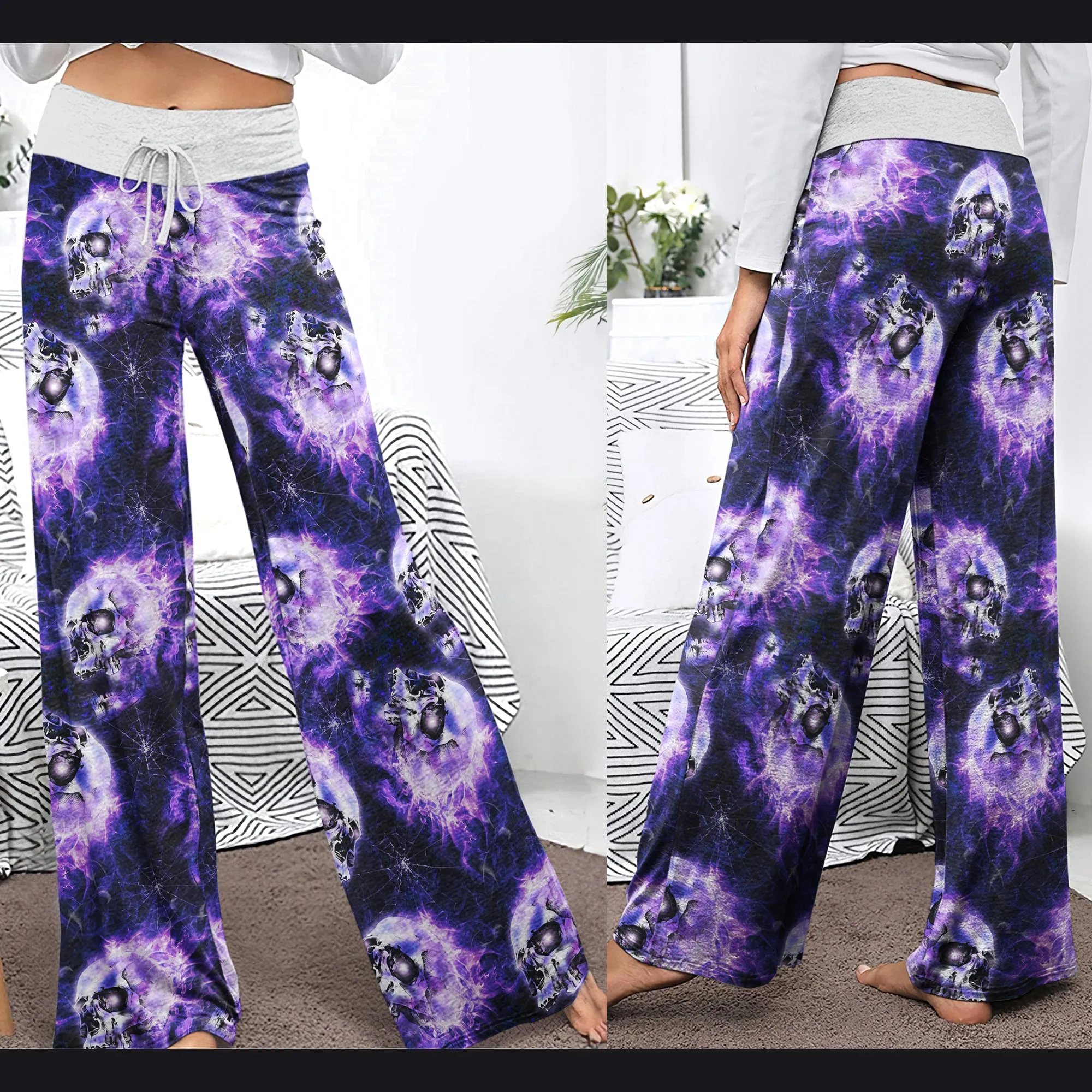 Skull Abstract Fire Purple Women's High-waisted Wide Leg Pants