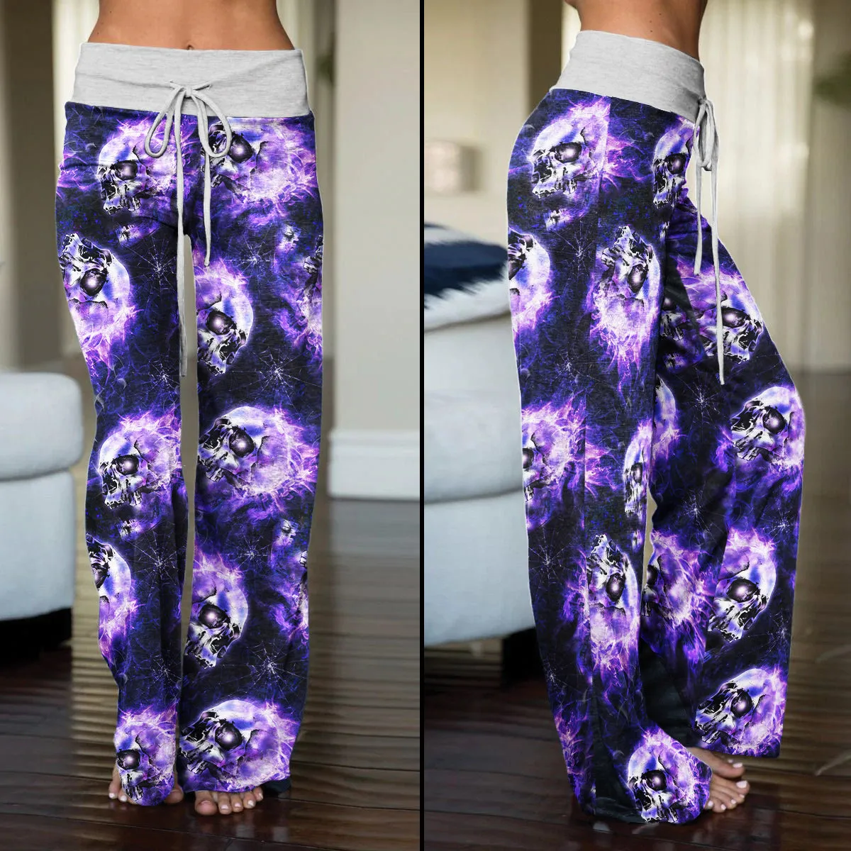 Skull Abstract Fire Purple Women's High-waisted Wide Leg Pants