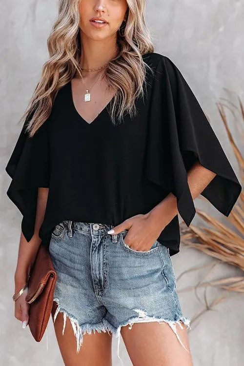 Solid V Neck Bat Blouse