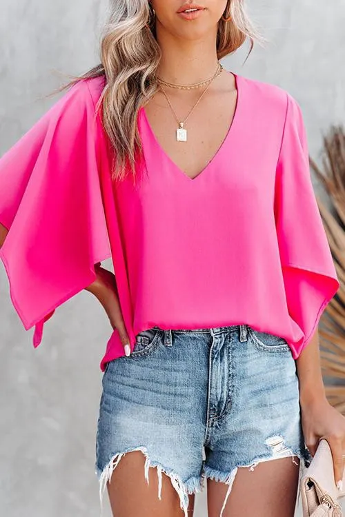 Solid V Neck Bat Blouse