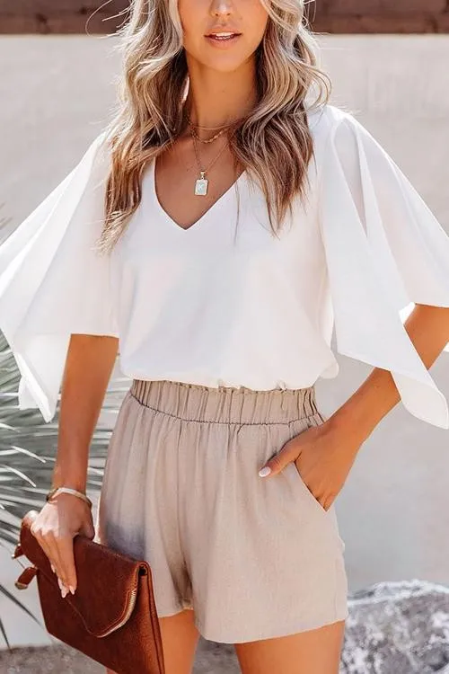 Solid V Neck Bat Blouse