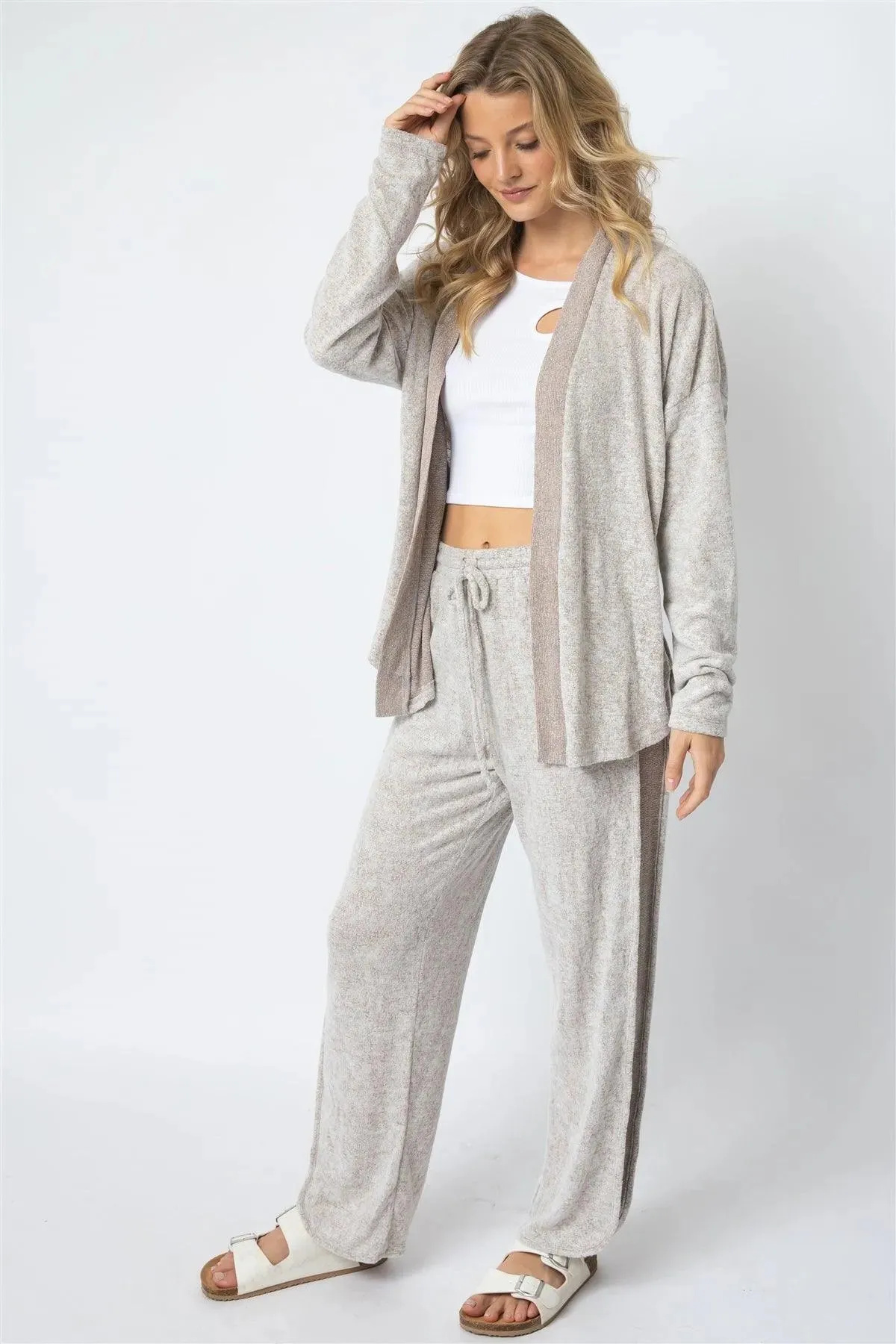 Taupe Textured Side Detail Long Sleeve  Cardigan & Wide Leg Pant Set /1-1-1