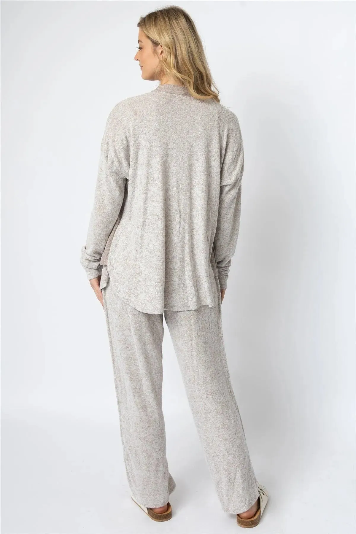 Taupe Textured Side Detail Long Sleeve  Cardigan & Wide Leg Pant Set /1-1-1