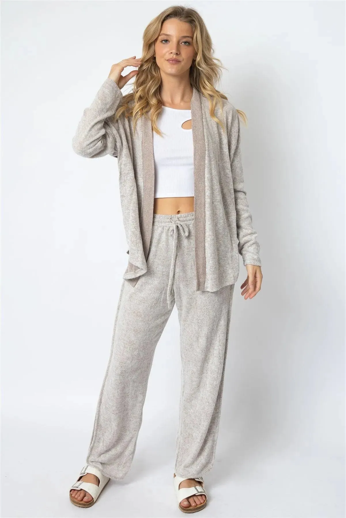 Taupe Textured Side Detail Long Sleeve  Cardigan & Wide Leg Pant Set /1-1-1