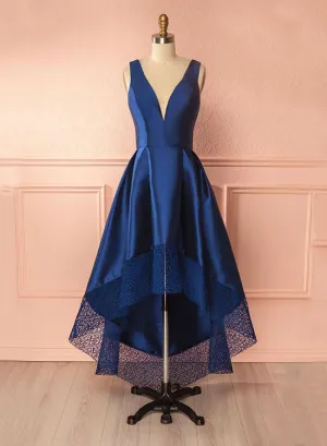 Unique High Low V-Neck Prom Dress, Blue A-Line Evening Party Dress