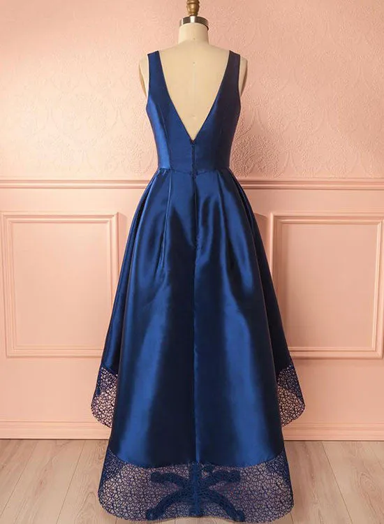 Unique High Low V-Neck Prom Dress, Blue A-Line Evening Party Dress