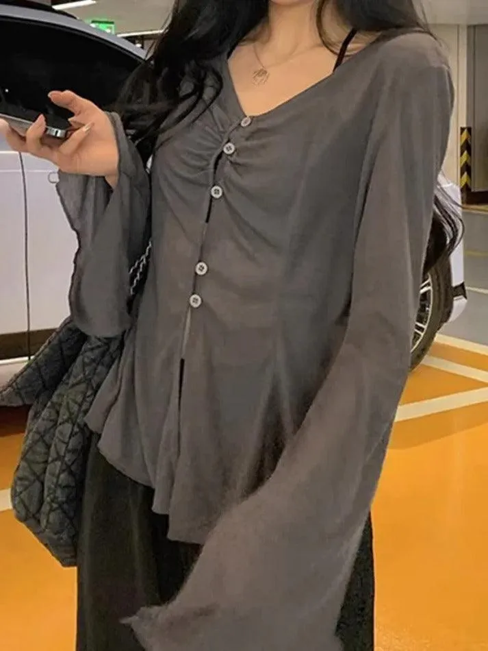 Uniwim ootd V Neck Split Flare Sleeve Long Sleeve Blouse