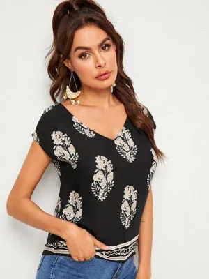 V-neck Leaf Print Blouse