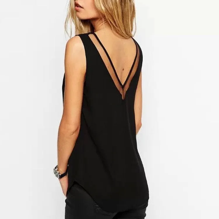 V-neck T-shirt Vest Gauze Solid Women's Sleeveless Casual Loose Chiffon Blouse