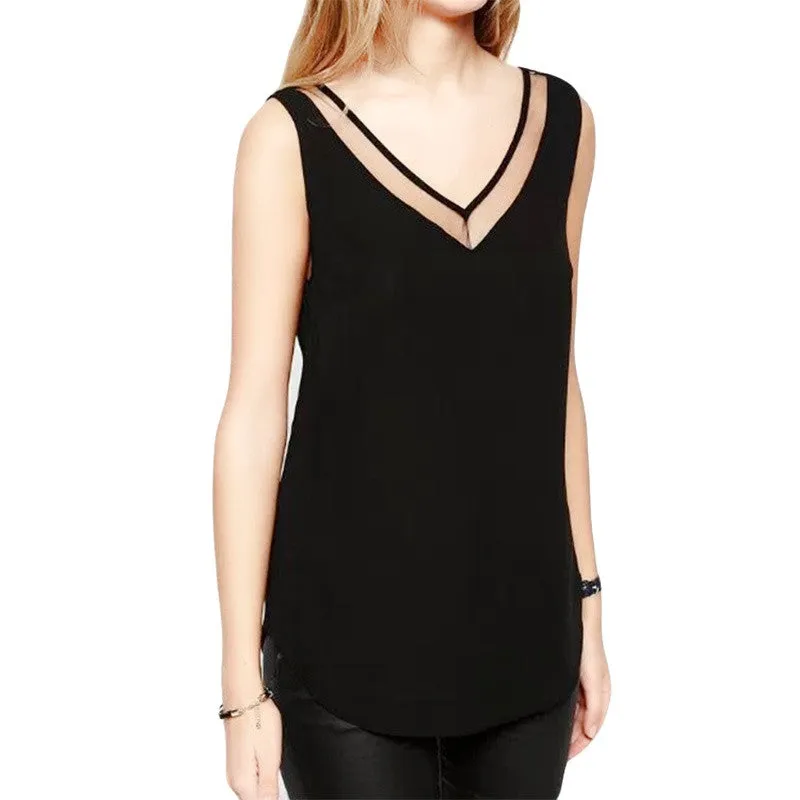 V-neck T-shirt Vest Gauze Solid Women's Sleeveless Casual Loose Chiffon Blouse