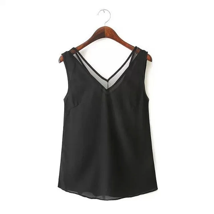 V-neck T-shirt Vest Gauze Solid Women's Sleeveless Casual Loose Chiffon Blouse
