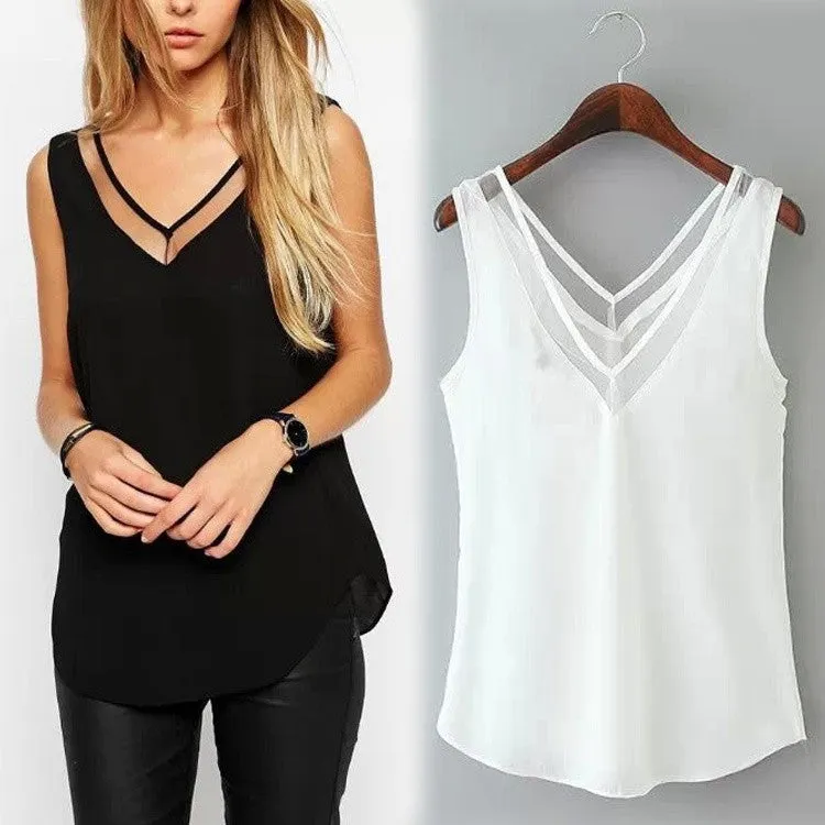 V-neck T-shirt Vest Gauze Solid Women's Sleeveless Casual Loose Chiffon Blouse