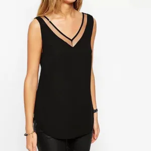 V-neck T-shirt Vest Gauze Solid Women's Sleeveless Casual Loose Chiffon Blouse
