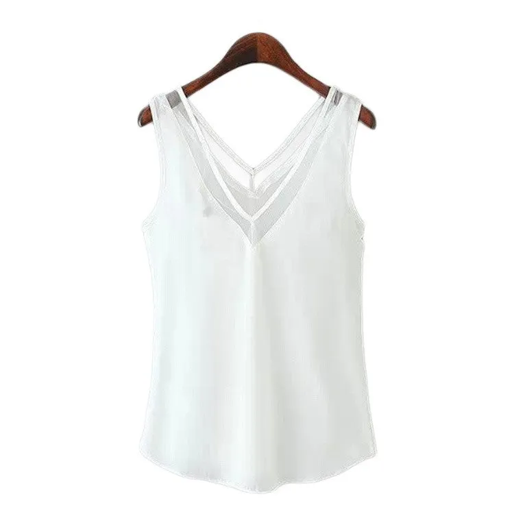 V-neck T-shirt Vest Gauze Solid Women's Sleeveless Casual Loose Chiffon Blouse