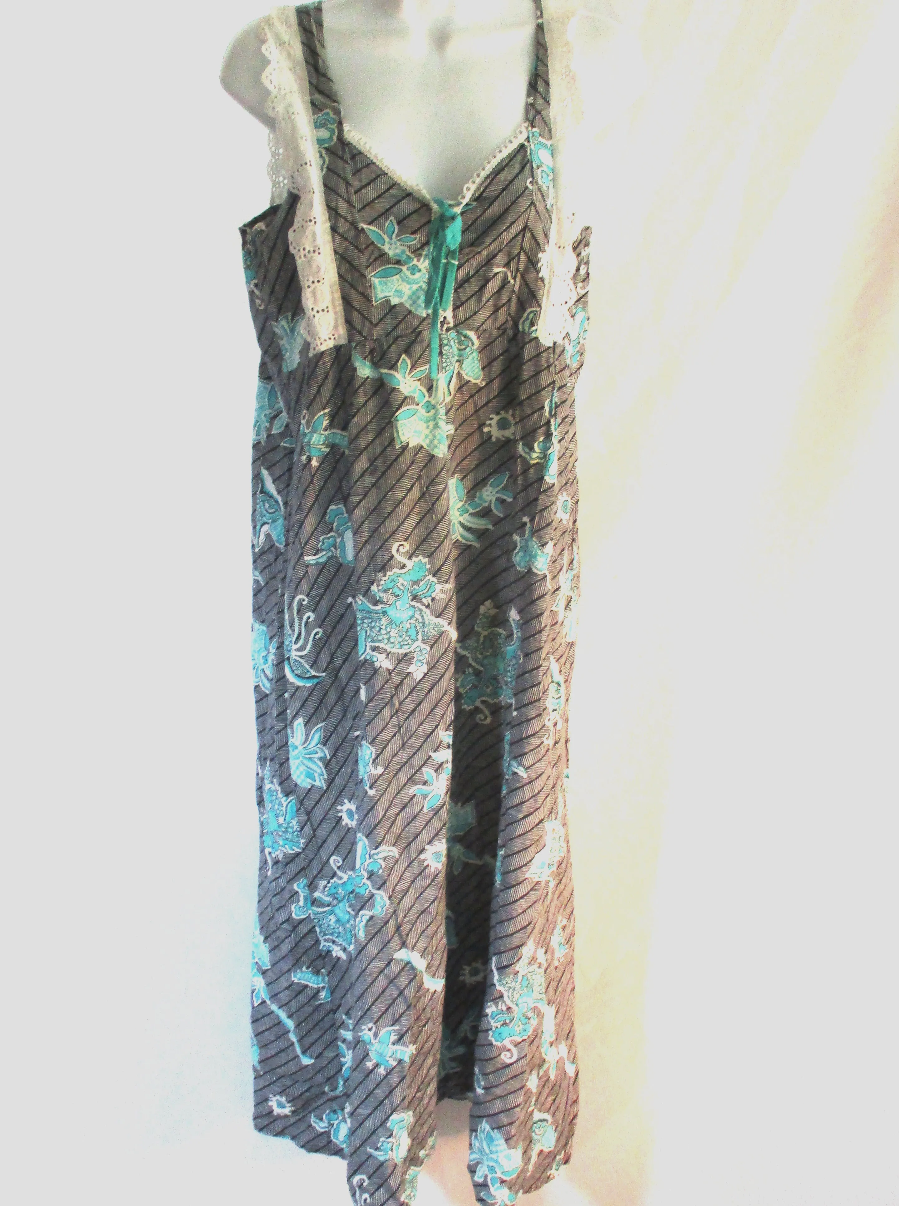 Vintage 1970s Seventies Handmade Maxi Dress Sundress M BOHO DRAGON Hippy Beach BROWN BLUE