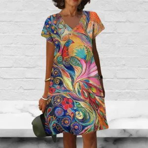 Women Knee Length Short Sleeve Printed floral Jersey V Neck Casual Dress