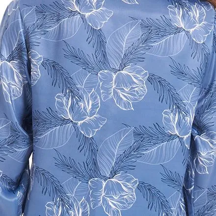 Women Satin summer pajama set Petrol Blue flowered buttoned shirt   Pants