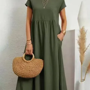 Women's Solid Cotton Dress Summer Vintage Elegant Short Sleeve O-Neck Pockets Maxi Sundress Y2K Loose Style for Effortless Chic